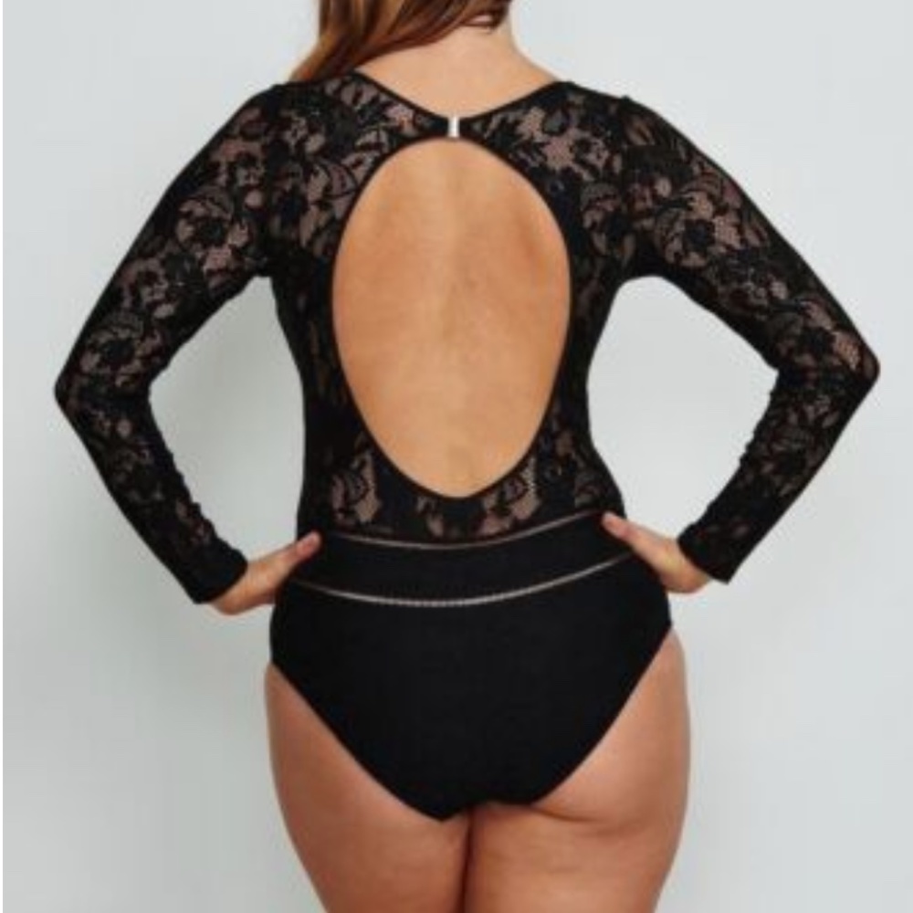 BLACK LACE LONG SLEEVE OPEN BACK ONE PIECE SWIMSUIT Sz US 10 - Picture 10 of 14